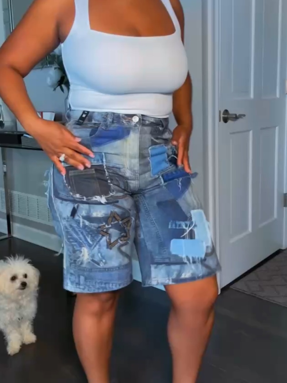 AKIRA Patchwork Denim Jean Shorts in Light Blue and Dark Blue - Picture 2 of 9
